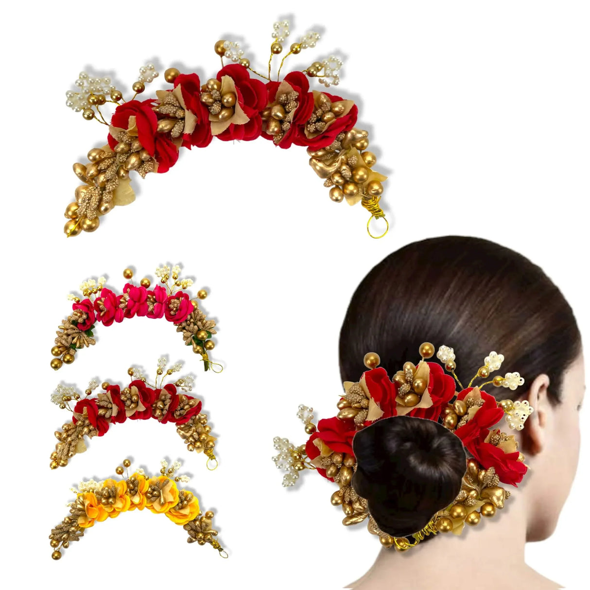 Designer Rose Gajra Traditional Indian Hair Accessory Artificial Flower Jewelry Handmade Veni Tiara for Women Party Wear Bridal Mehndi Hair Bun Classical Dance Jewelry - LoveNspire
