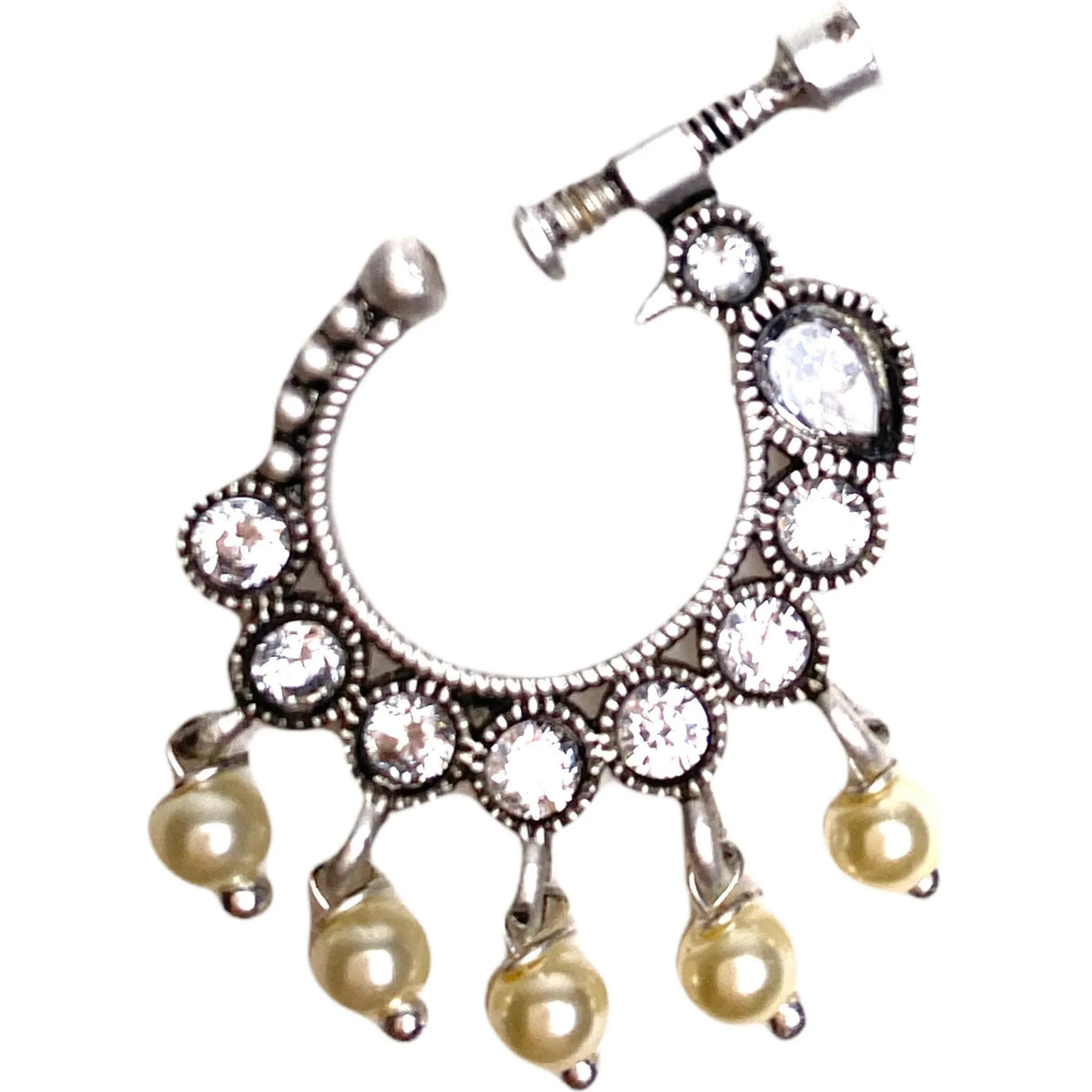 Screw Lock Nose Ring for Women - Indian Bird Nose Ring German Silver Nath with Rhodium Plating Faux Pearl Nosepin Non-Piercing Jewellery for Women - Birthday Gift for Her - LoveNspire