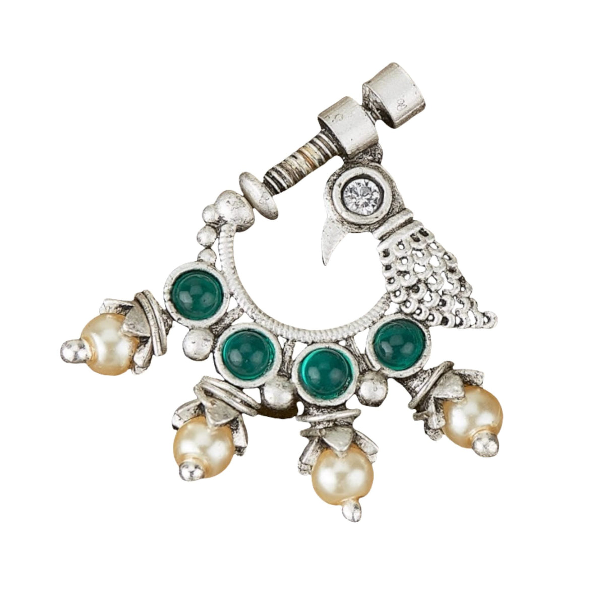 Screw Lock Nose Ring for Women - Indian Bird Nose Ring German Silver Nath with Rhodium Plating Faux Pearl Nosepin Non-Piercing Bridal Jewellery for Women - Birthday Gift for Her - LoveNspire