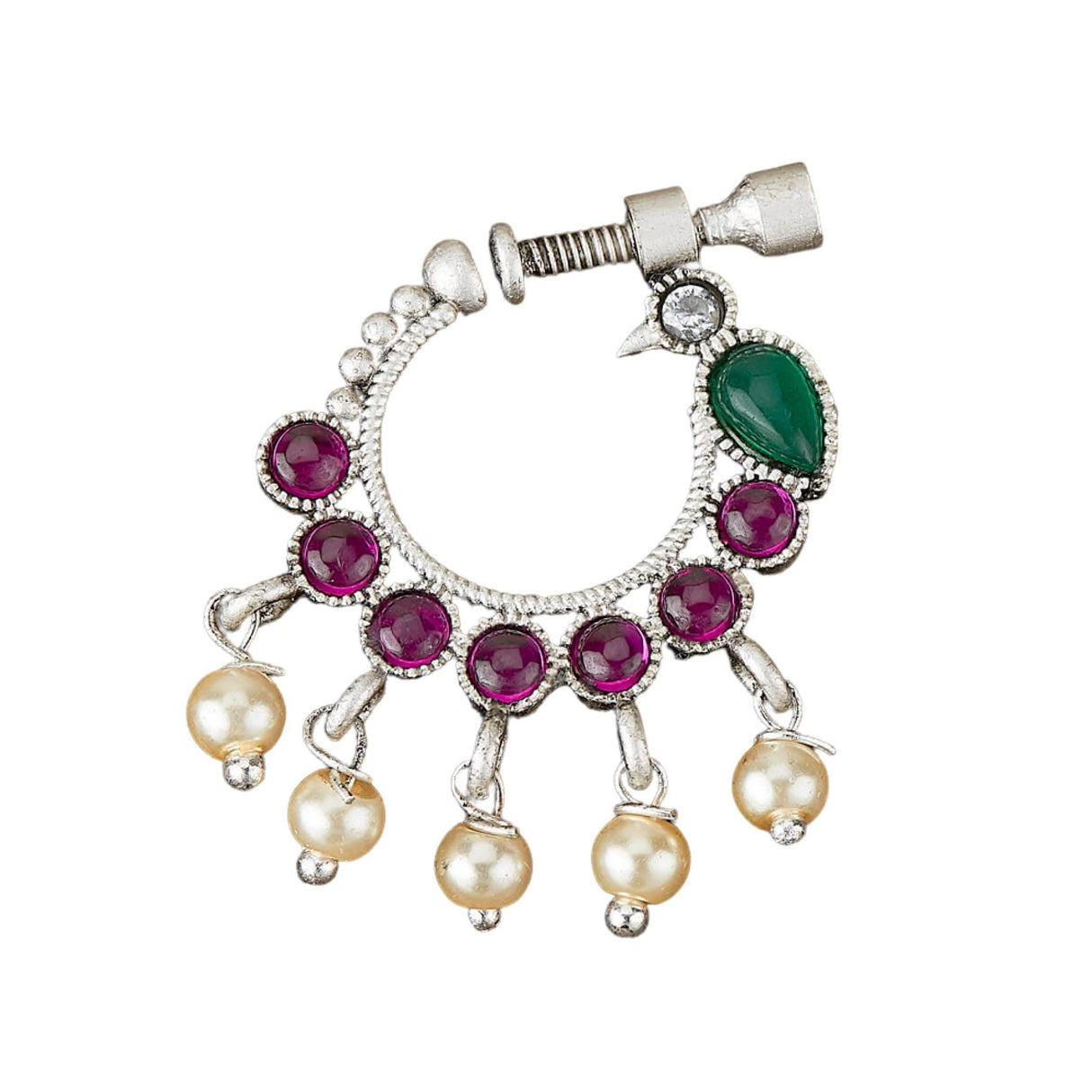 Screw Lock Nose Ring for Women - Indian Bird Nose Ring German Silver Nath with Rhodium Plating Faux Pearl Nosepin Non-Piercing Jewellery for Women - Birthday Gift for Her - LoveNspire