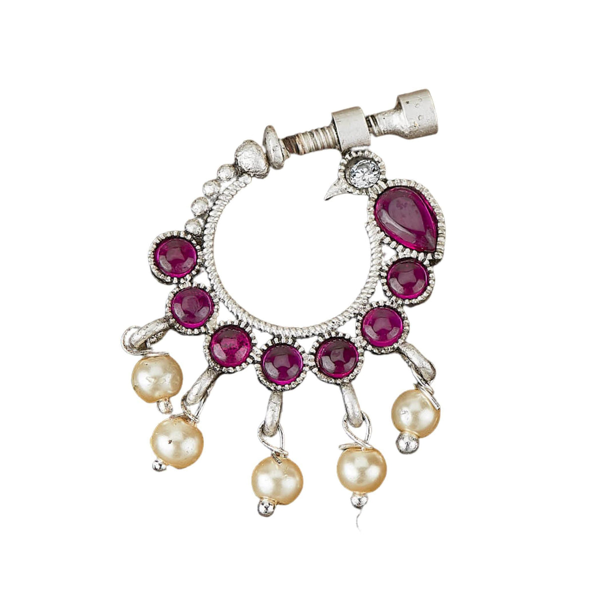 Screw Lock Nose Ring for Women - Indian Bird Nose Ring German Silver Nath with Rhodium Plating Faux Pearl Nosepin Non-Piercing Jewellery for Women - Birthday Gift for Her - LoveNspire