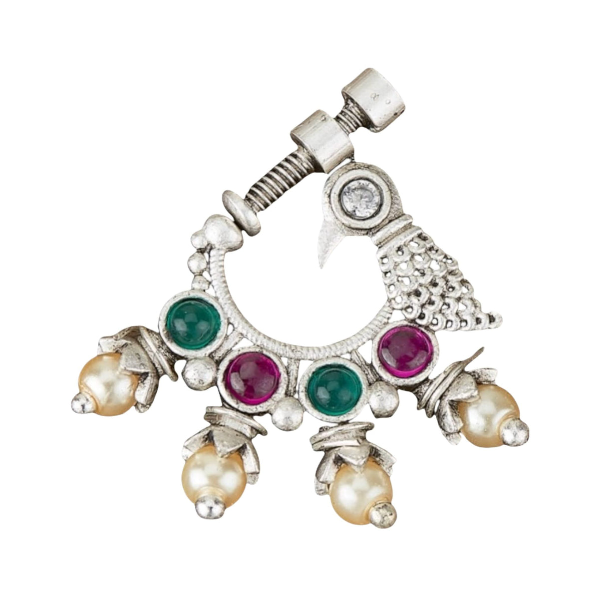 Screw Lock Nose Ring for Women - Indian Bird Nose Ring German Silver Nath with Rhodium Plating Faux Pearl Nosepin Non-Piercing Bridal Jewellery for Women - Birthday Gift for Her - LoveNspire