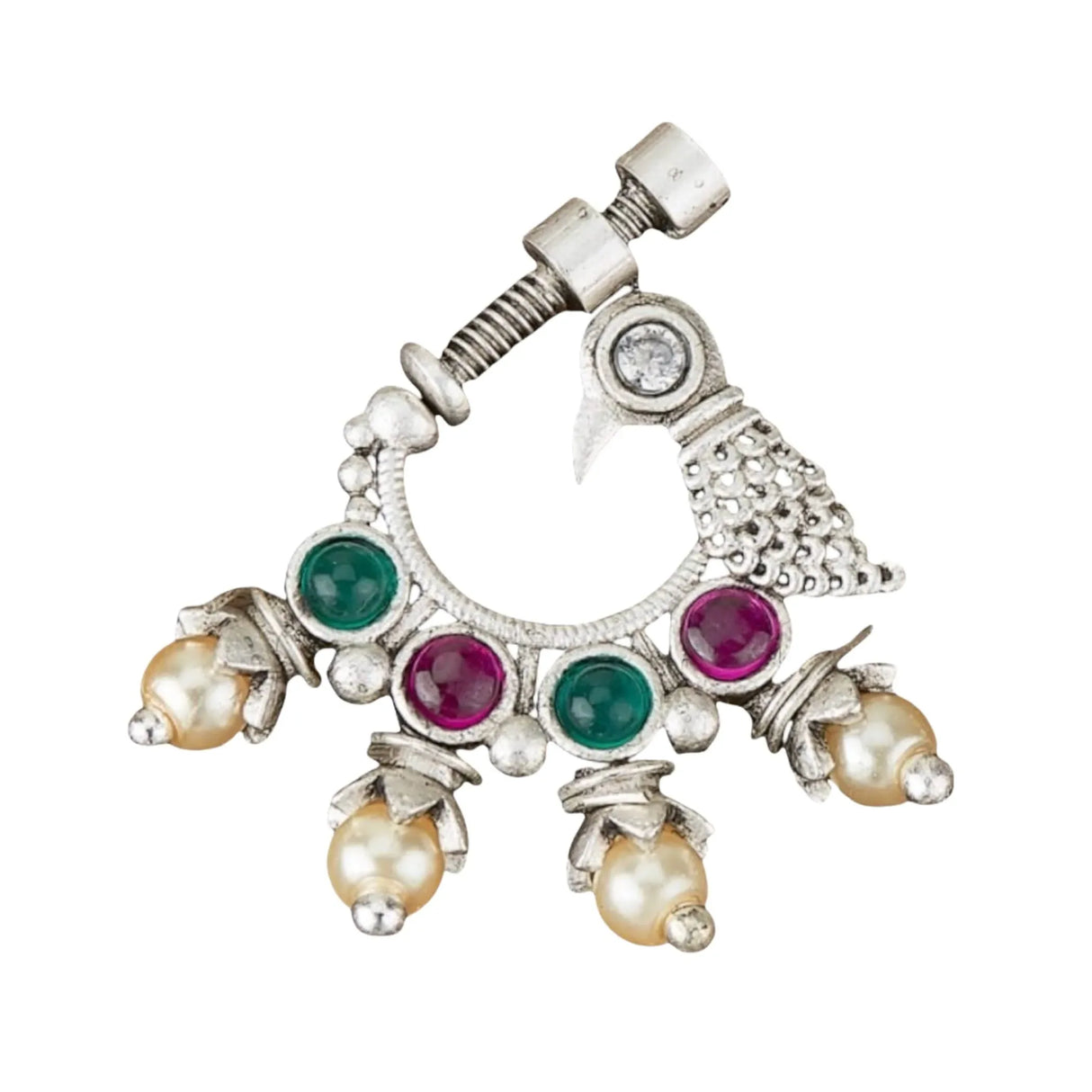 Screw Lock Nose Ring for Women - Indian Bird Nose Ring German Silver Nath with Rhodium Plating Faux Pearl Nosepin Non-Piercing Bridal Jewellery for Women - Birthday Gift for Her - LoveNspire