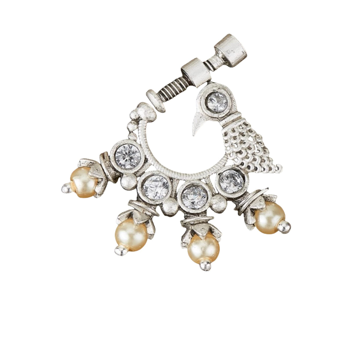 Screw Lock Nose Ring for Women - Indian Bird Nose Ring German Silver Nath with Rhodium Plating Faux Pearl Nosepin Non-Piercing Bridal Jewellery for Women - Birthday Gift for Her - LoveNspire