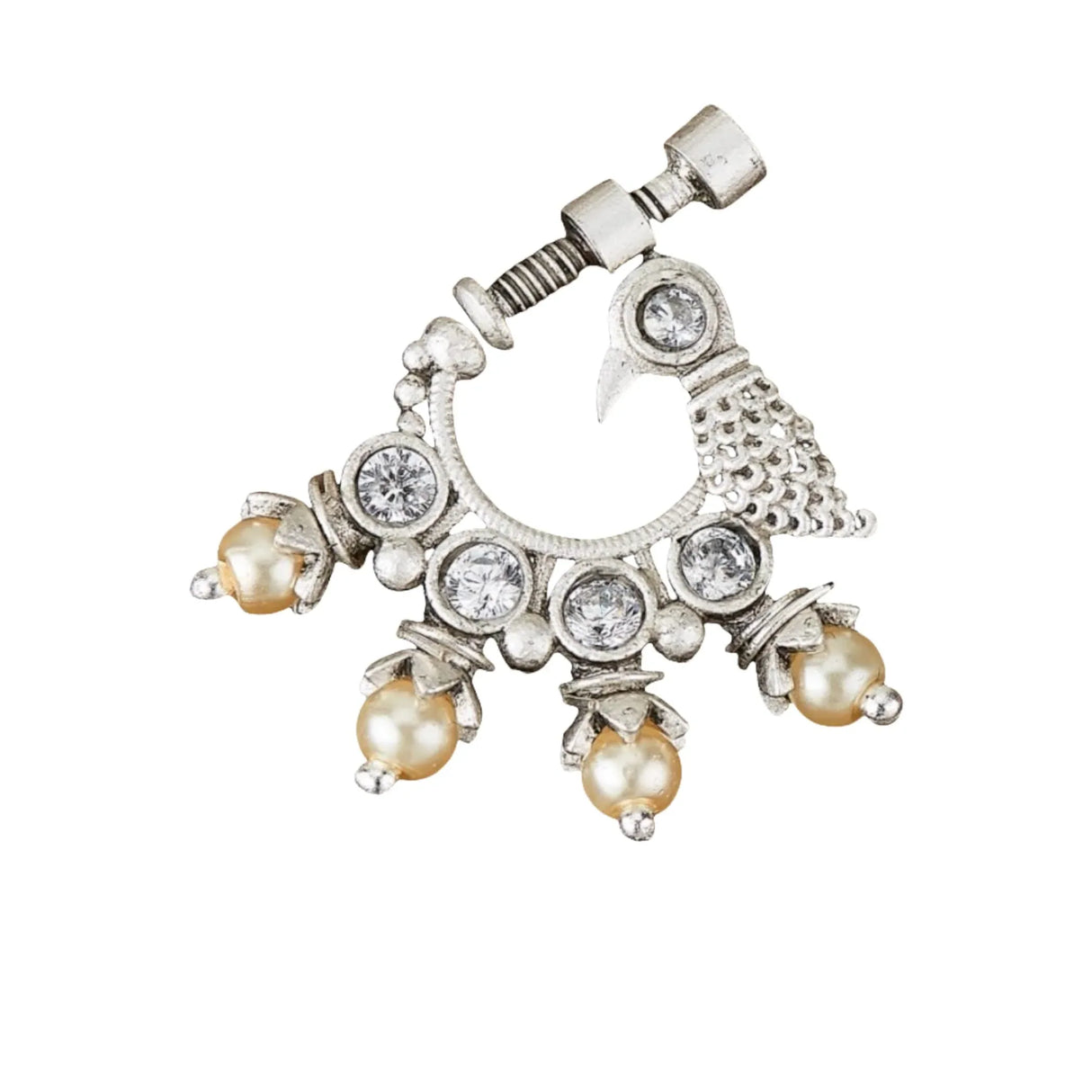 Screw Lock Nose Ring for Women - Indian Bird Nose Ring German Silver Nath with Rhodium Plating Faux Pearl Nosepin Non-Piercing Bridal Jewellery for Women - Birthday Gift for Her - LoveNspire