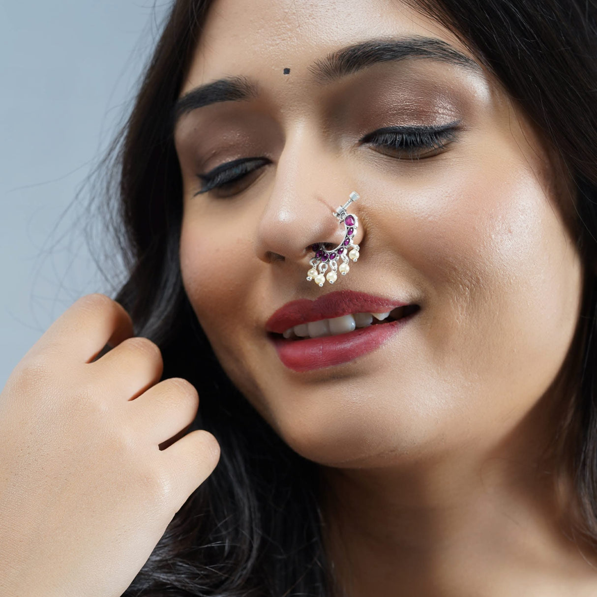 Screw Lock Nose Ring for Women - Indian Bird Nose Ring German Silver Nath with Rhodium Plating Faux Pearl Nosepin Non-Piercing Jewellery for Women - Birthday Gift for Her - LoveNspire