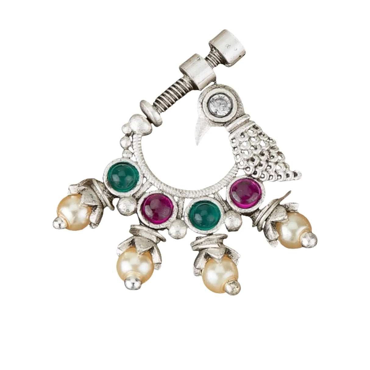 Screw Lock Nose Ring for Women - Indian Bird Nose Ring German Silver Nath with Rhodium Plating Faux Pearl Nosepin Non-Piercing Bridal Jewellery for Women - Birthday Gift for Her - LoveNspire