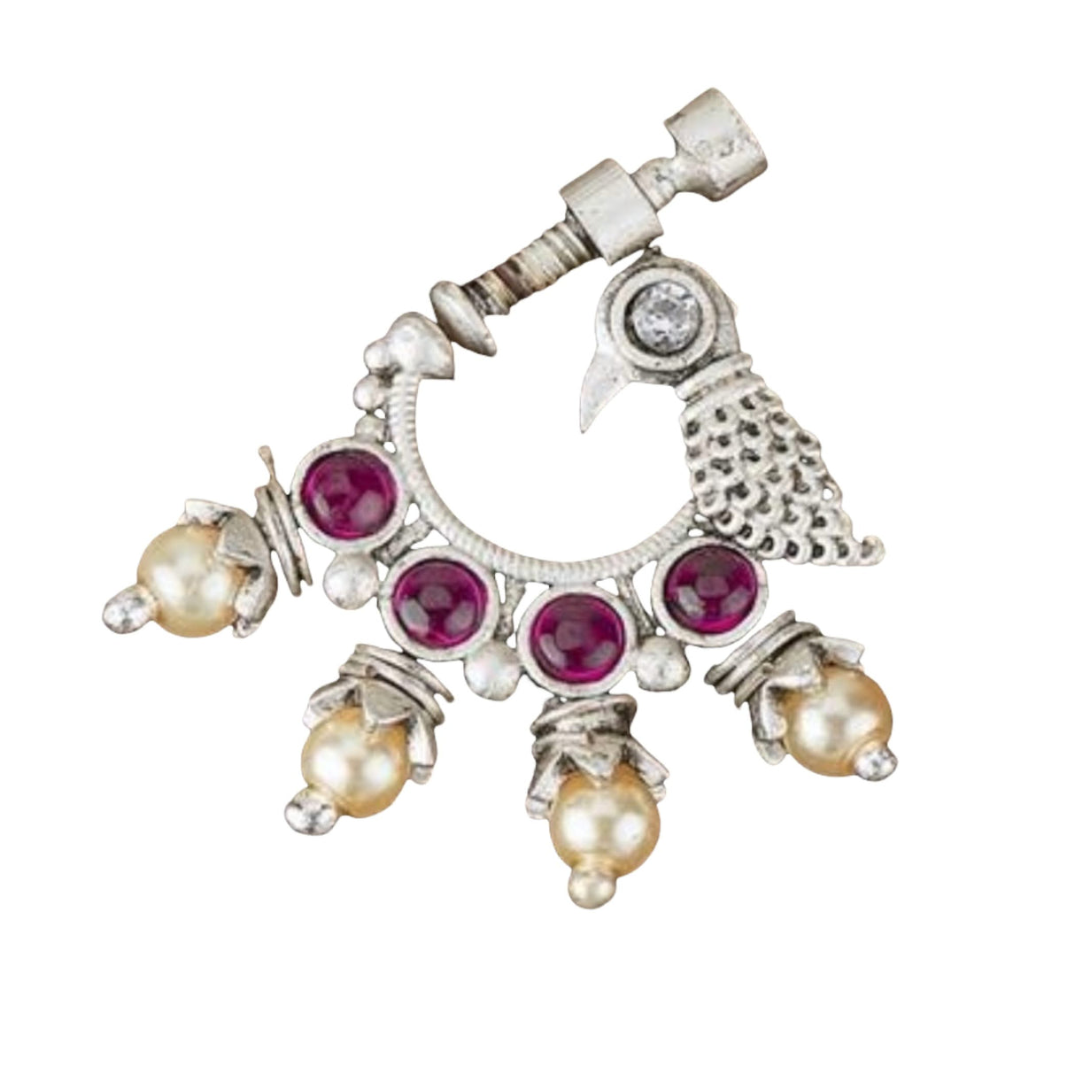 Screw Lock Nose Ring for Women - Indian Bird Nose Ring German Silver Nath with Rhodium Plating Faux Pearl Nosepin Non-Piercing Bridal Jewellery for Women - Birthday Gift for Her - LoveNspire