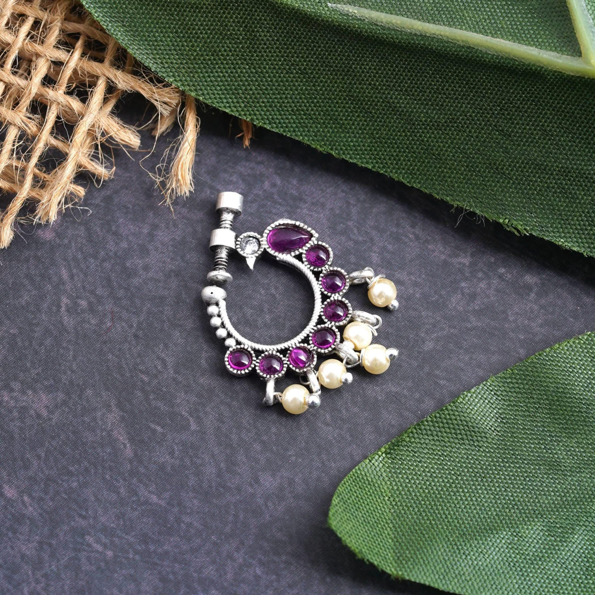 Screw Lock Nose Ring for Women - Indian Bird Nose Ring German Silver Nath with Rhodium Plating Faux Pearl Nosepin Non-Piercing Jewellery for Women - Birthday Gift for Her - LoveNspire