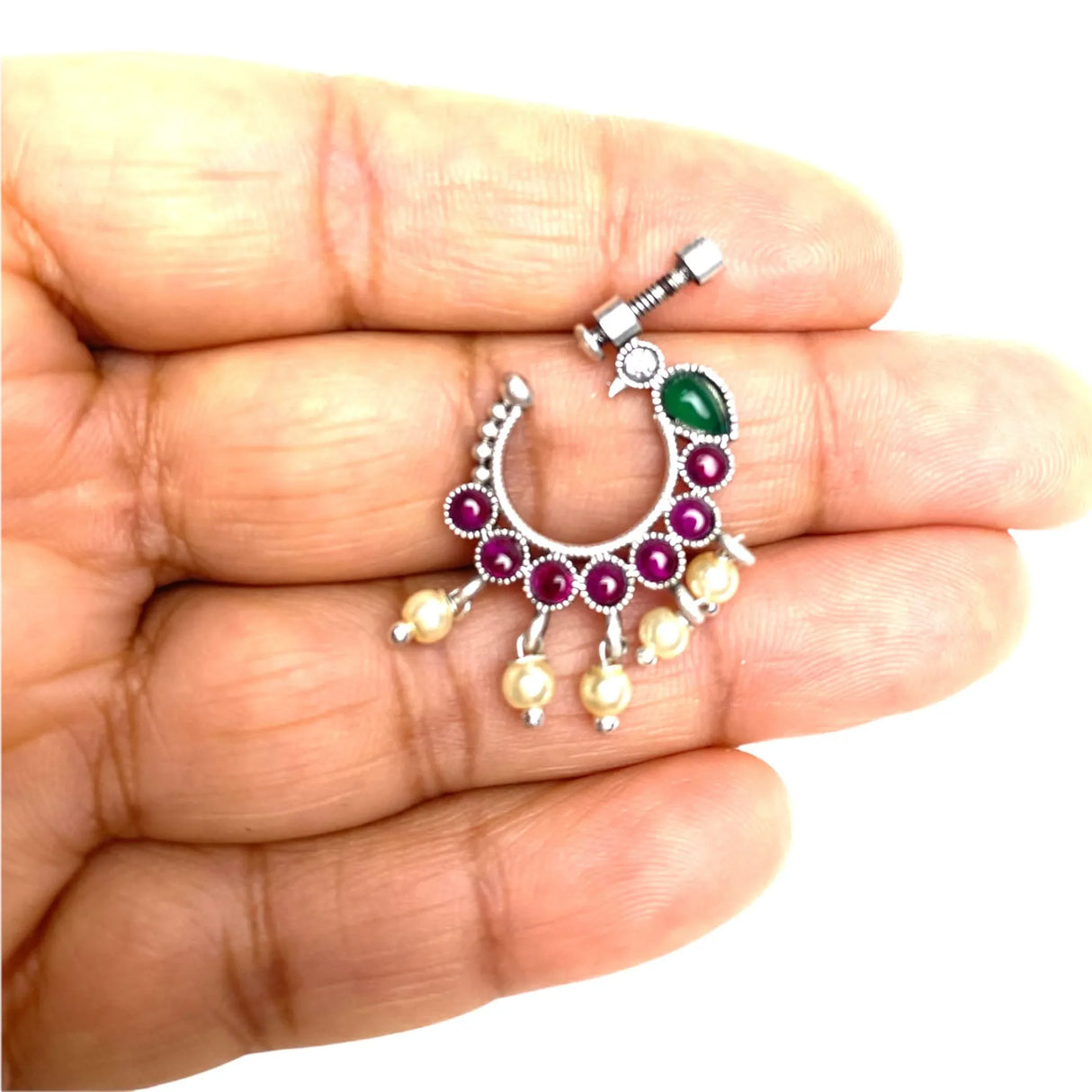 Screw Lock Nose Ring for Women - Indian Bird Nose Ring German Silver Nath with Rhodium Plating Faux Pearl Nosepin Non-Piercing Jewellery for Women - Birthday Gift for Her - LoveNspire