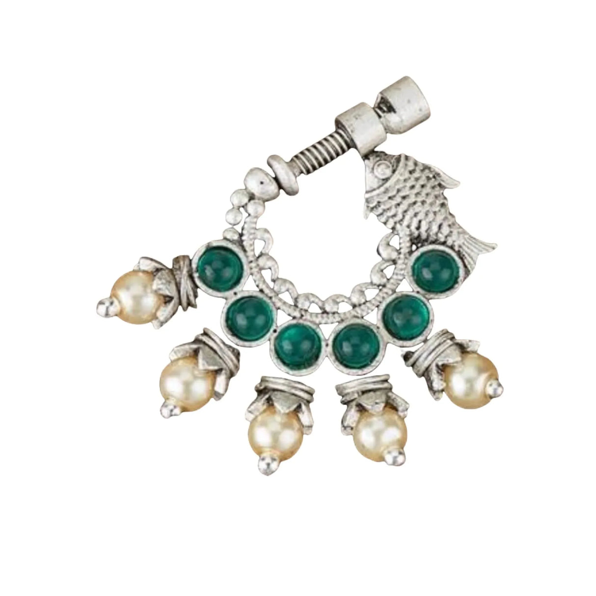 Screw Lock Nose Ring for Women - Indian Fish Nose Ring German Silver Nath with Rhodium Plating Faux Pearl Nosepin Non-Piercing Jewellery for Women - Birthday Gift for Her - LoveNspire