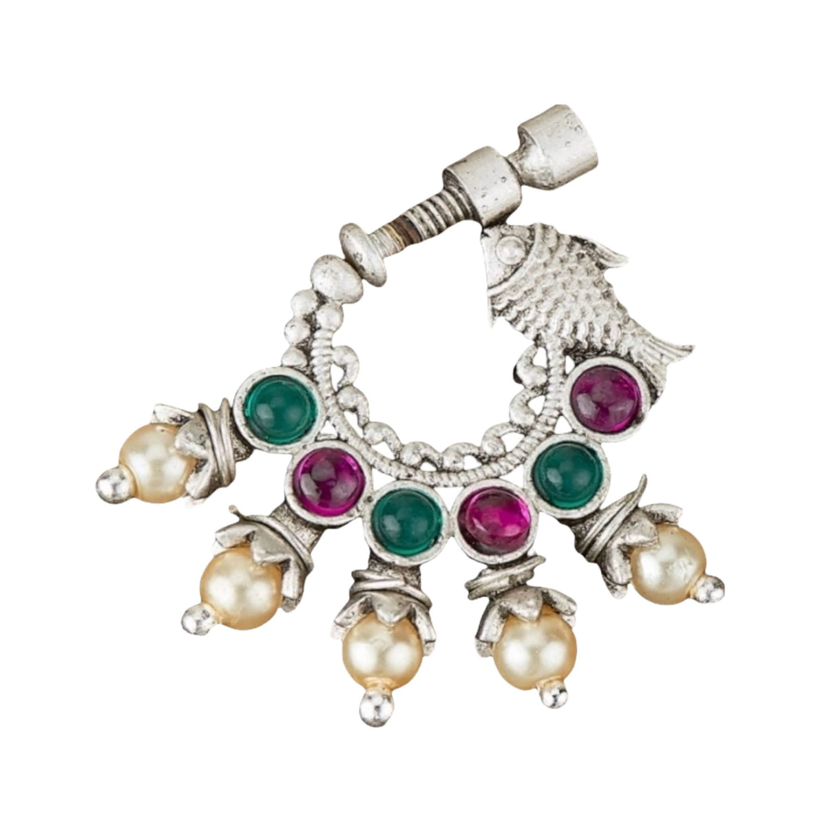 Screw Lock Nose Ring for Women - Indian Fish Nose Ring German Silver Nath with Rhodium Plating Faux Pearl Nosepin Non-Piercing Jewellery for Women - Birthday Gift for Her - LoveNspire