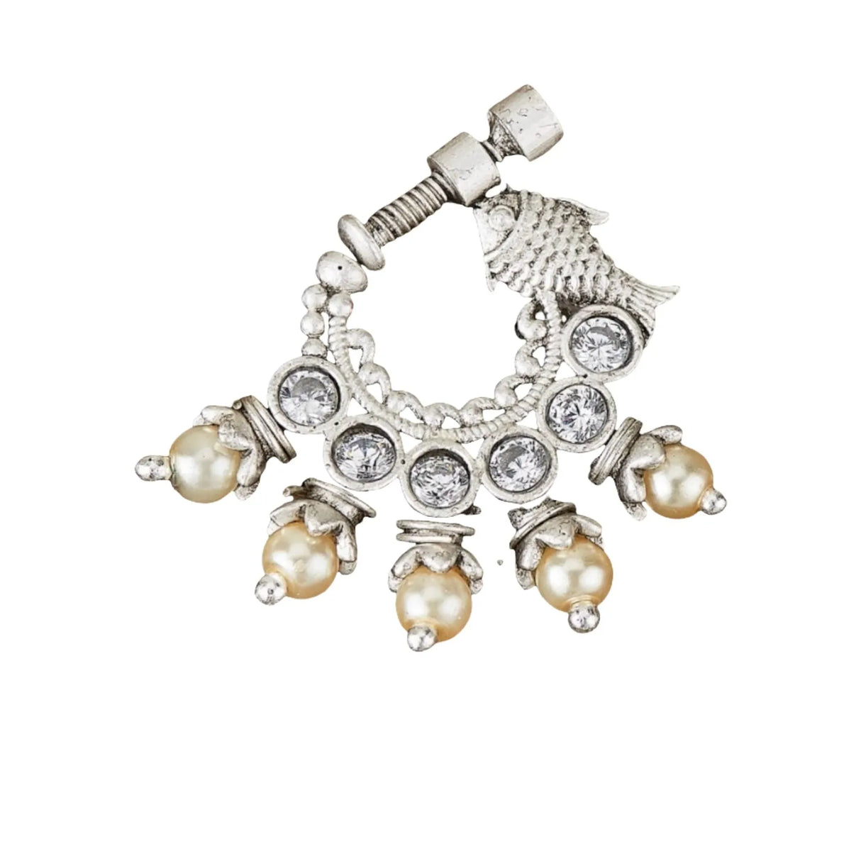 Screw Lock Nose Ring for Women - Indian Fish Nose Ring German Silver Nath with Rhodium Plating Faux Pearl Nosepin Non-Piercing Jewellery for Women - Birthday Gift for Her - LoveNspire