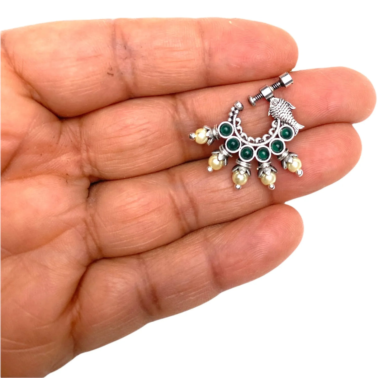 Screw Lock Nose Ring for Women - Indian Fish Nose Ring German Silver Nath with Rhodium Plating Faux Pearl Nosepin Non-Piercing Jewellery for Women - Birthday Gift for Her - LoveNspire