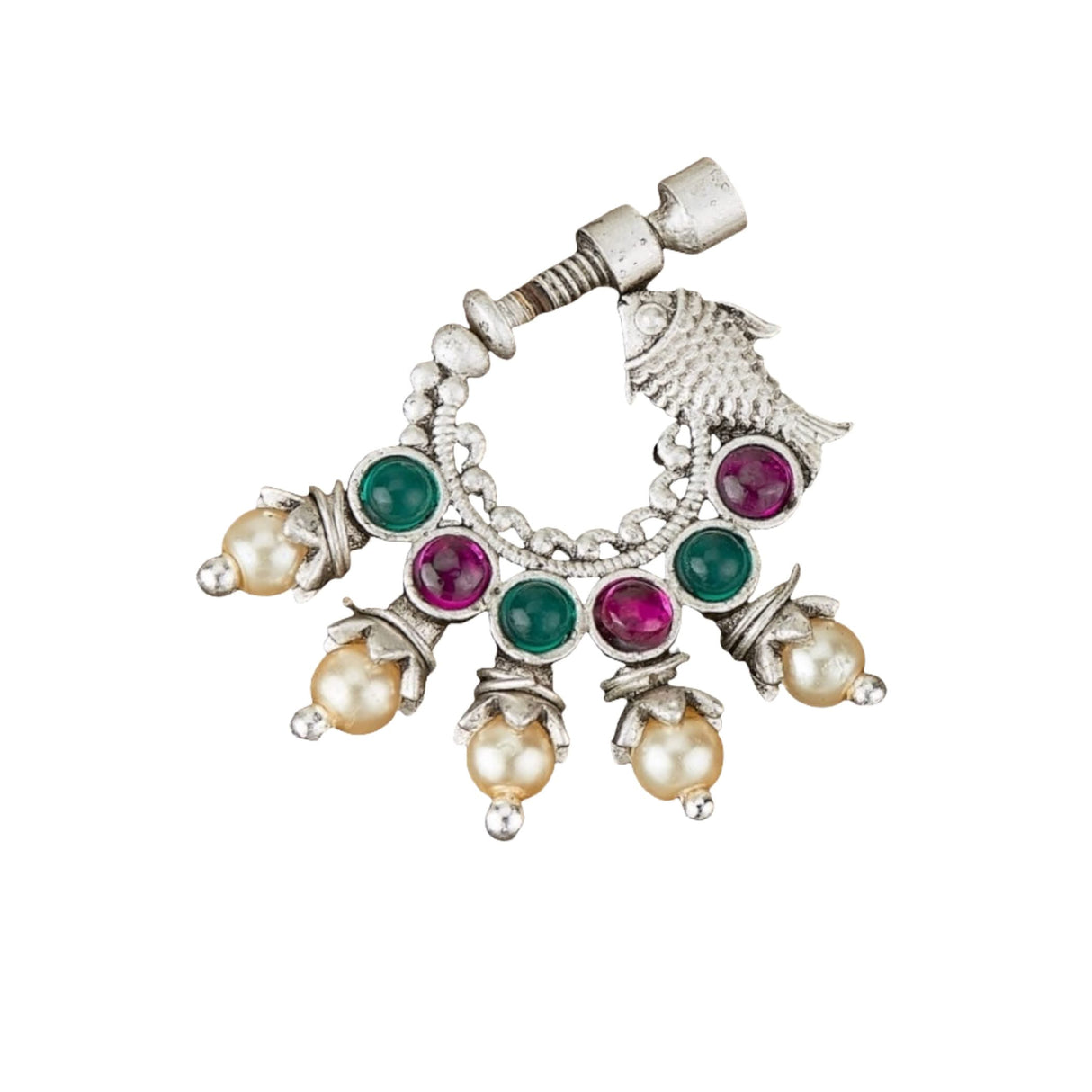 Screw Lock Nose Ring for Women - Indian Fish Nose Ring German Silver Nath with Rhodium Plating Faux Pearl Nosepin Non-Piercing Jewellery for Women - Birthday Gift for Her - LoveNspire