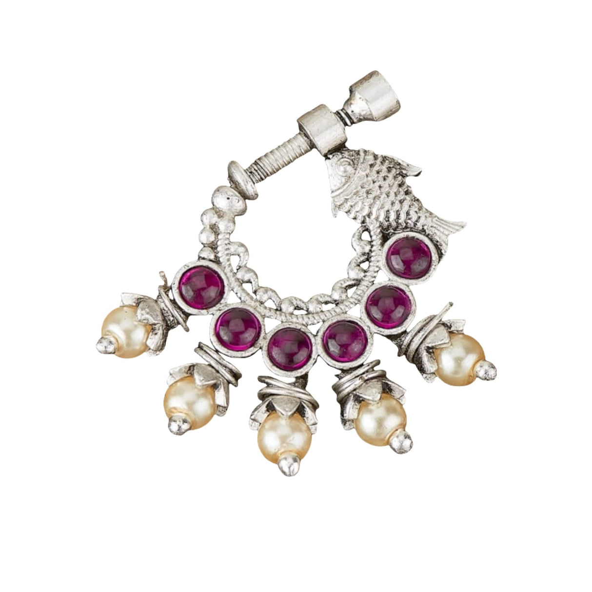 Screw Lock Nose Ring for Women - Indian Fish Nose Ring German Silver Nath with Rhodium Plating Faux Pearl Nosepin Non-Piercing Jewellery for Women - Birthday Gift for Her - LoveNspire