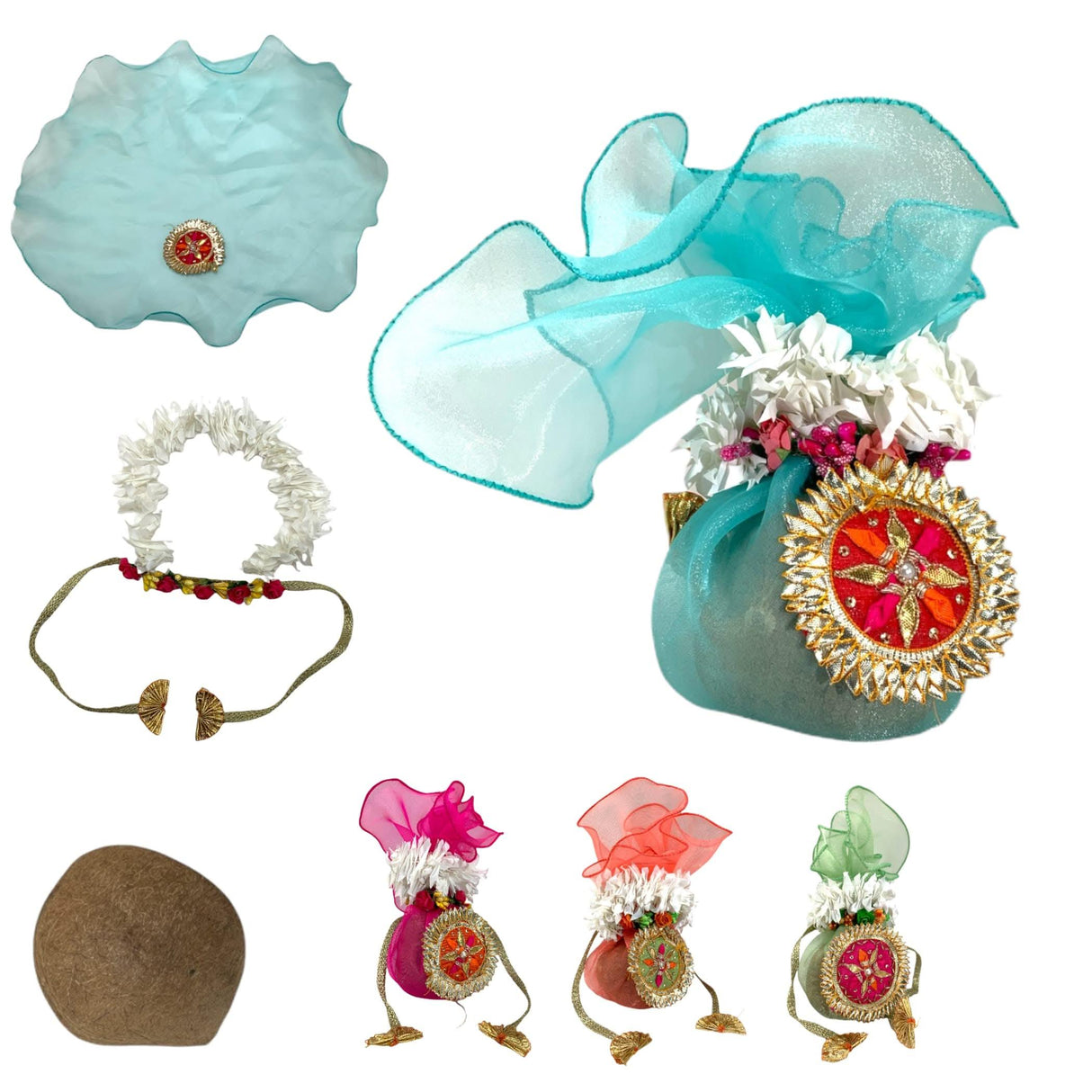 Decorative Dried Coconut Cover Traditional Nariyal Fabric Cloth with Golden Ribbon for Ganesh Pooja, Wedding, Gruh Pravesh Temple Pooja Decor Housewarming Gift - LoveNspire