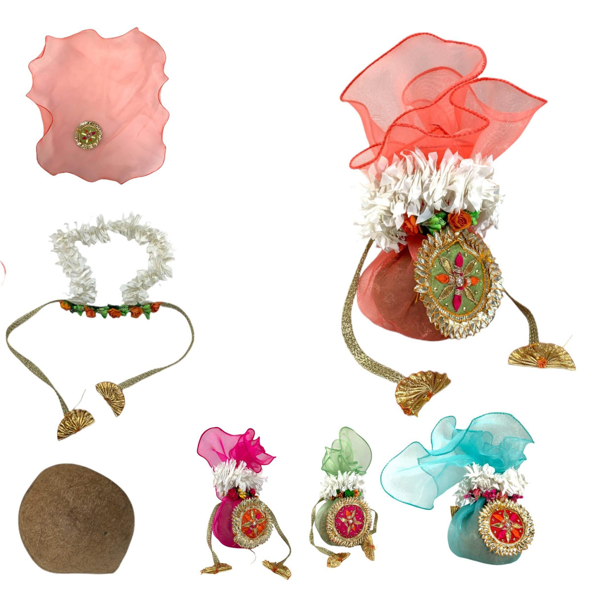 Decorative Dried Coconut Cover Traditional Nariyal Fabric Cloth with Golden Ribbon for Ganesh Pooja, Wedding, Gruh Pravesh Temple Pooja Decor Housewarming Gift - LoveNspire