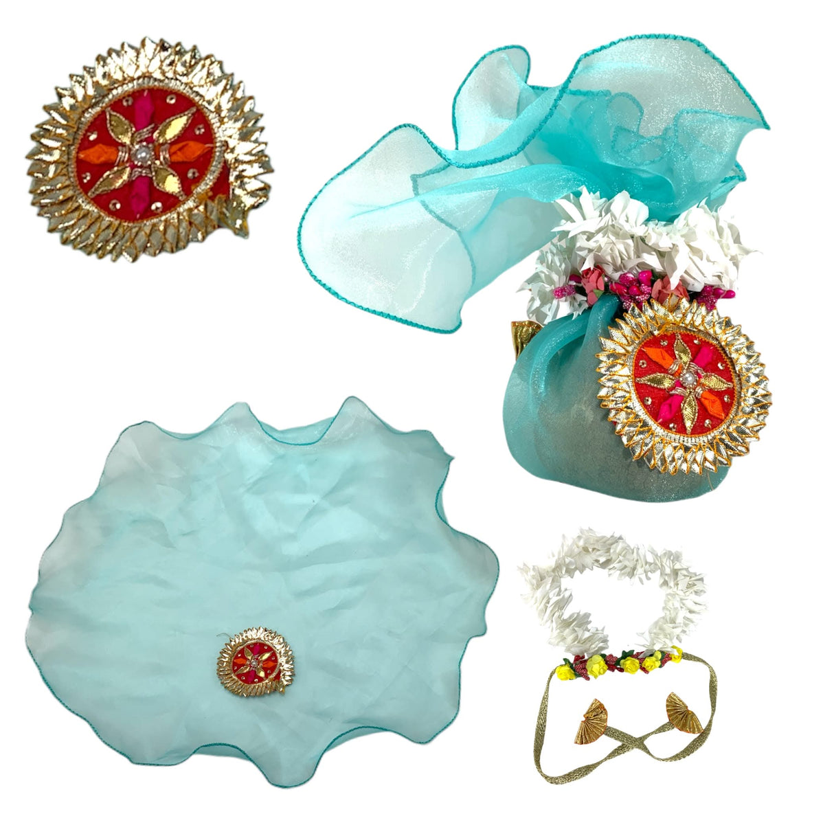 Decorative Dried Coconut Cover Traditional Nariyal Fabric Cloth with Golden Ribbon for Ganesh Pooja, Wedding, Gruh Pravesh Temple Pooja Decor Housewarming Gift - LoveNspire