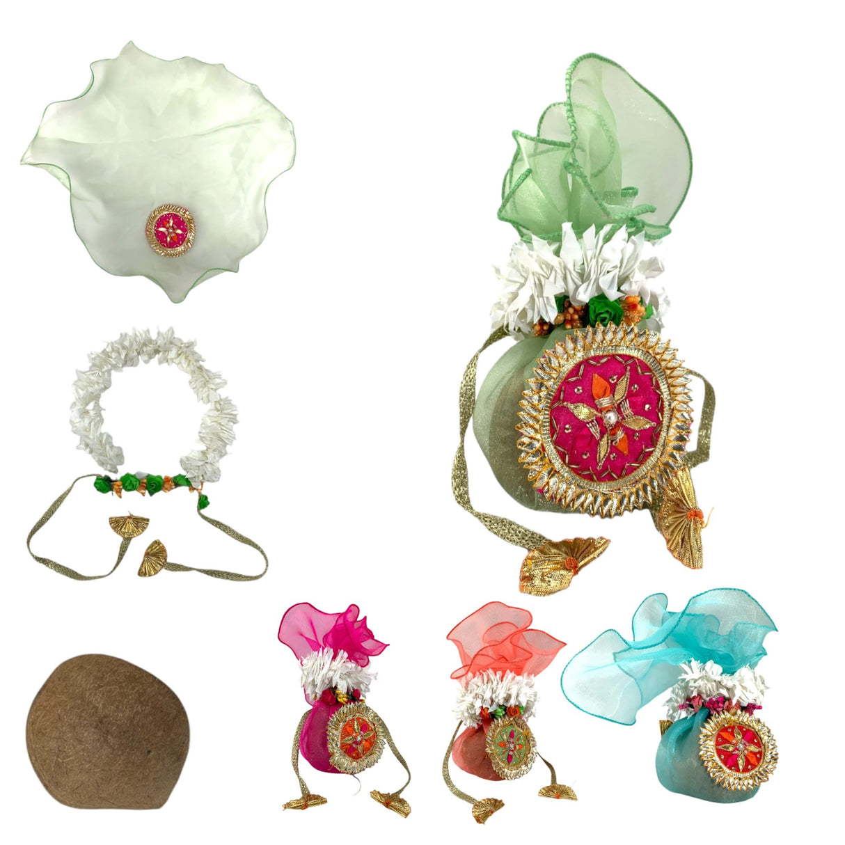 Decorative Dried Coconut Cover Traditional Nariyal Fabric Cloth with Golden Ribbon for Ganesh Pooja, Wedding, Gruh Pravesh Temple Pooja Decor Housewarming Gift - LoveNspire