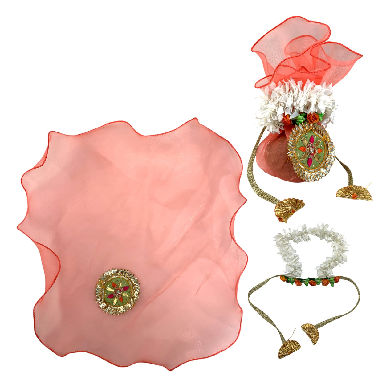 Decorative Dried Coconut Cover Traditional Nariyal Fabric Cloth with Golden Ribbon for Ganesh Pooja, Wedding, Gruh Pravesh Temple Pooja Decor Housewarming Gift - LoveNspire