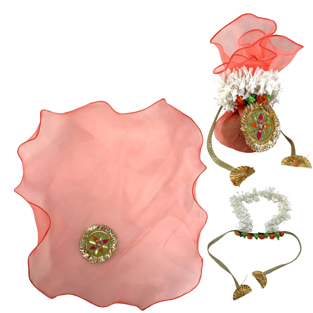 Decorative Dried Coconut Cover Traditional Nariyal Fabric Cloth with Golden Ribbon for Ganesh Pooja, Wedding, Gruh Pravesh Temple Pooja Decor Housewarming Gift - LoveNspire