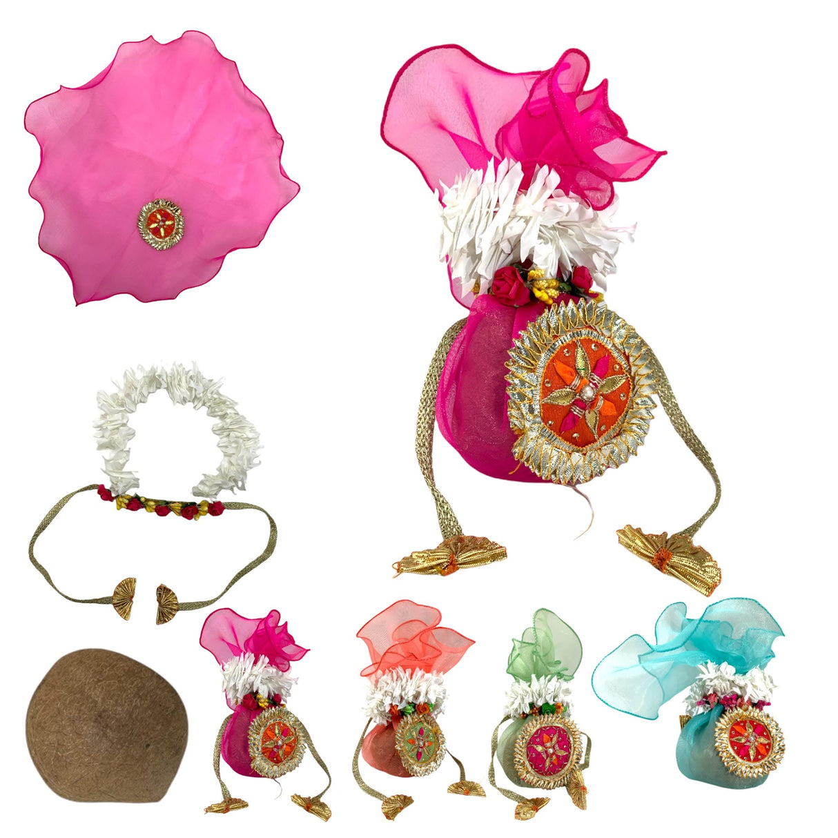 Decorative Dried Coconut Cover Traditional Nariyal Fabric Cloth with Golden Ribbon for Ganesh Pooja, Wedding, Gruh Pravesh Temple Pooja Decor Housewarming Gift - LoveNspire