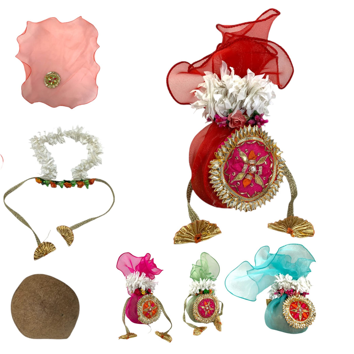 Decorative Dried Coconut Cover Traditional Nariyal Fabric Cloth with Golden Ribbon for Ganesh Pooja, Wedding, Gruh Pravesh Temple Pooja Decor Housewarming Gift - LoveNspire