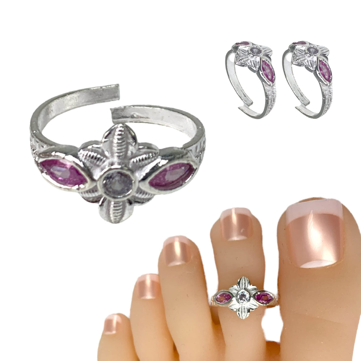Adjustable Silver Toe Rings Pair Pink Moti Indian Bichiya Real Silver Feet Accessories Tribal Toe Rings Summer Beach Jewelry Comfort Fit Toe Rings for Women - LoveNspire