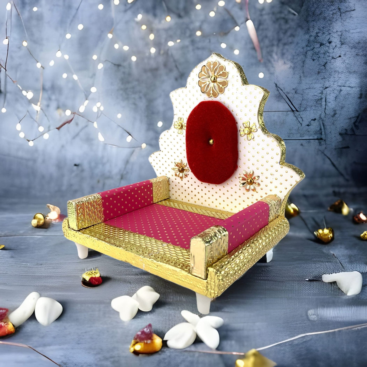 Wooden Laddu Gopal Sinhasan for Pooja Mandir Kanha Ji Singhasan Krishna Aasan for All God Janamashtami Favor Meenakari Singhasan for Pooja Housewarming Gift - LoveNspire