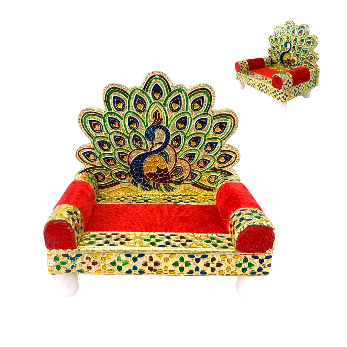 Wooden Laddu Gopal Sinhasan for Pooja Mandir Kanha Ji Singhasan Krishna Aasan for All God Janamashtami Favor Meenakari Peacock Design Singhasan Housewarming Gift - LoveNspire