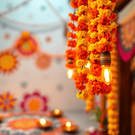 Close-up of bright orange and yellow marigold garlands with glowing oil lamps and colorful rangoli patterns blurred in the background, celebrating Diwali.