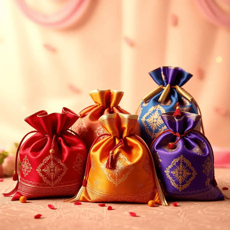 Colorful silk potli bags with intricate embroidery and tassels, displayed against a soft festive background.