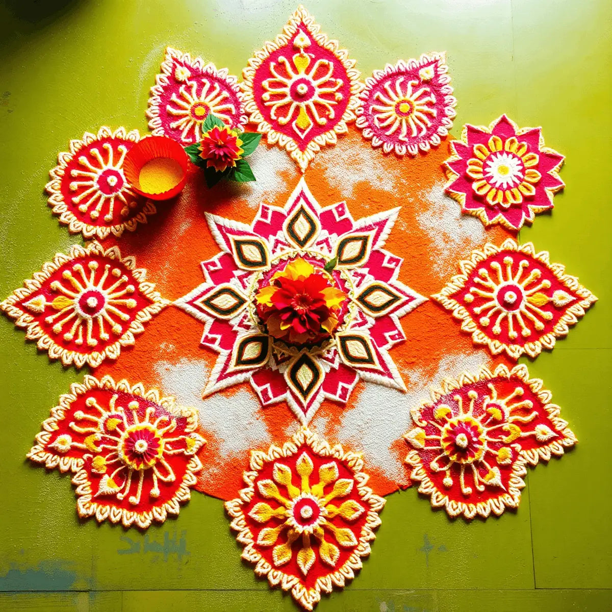 A colorful display of intricate Sankranthi Muggulu designs made from rice flour and lime powder, featuring floral and harvest motifs on a bright festive backgro