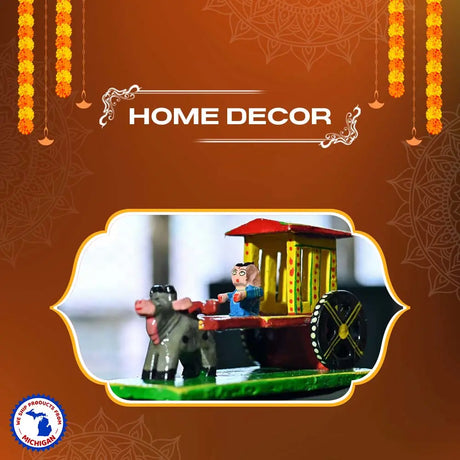 Hand-painted wooden bullock cart with driver figure for festive home decor inclusion