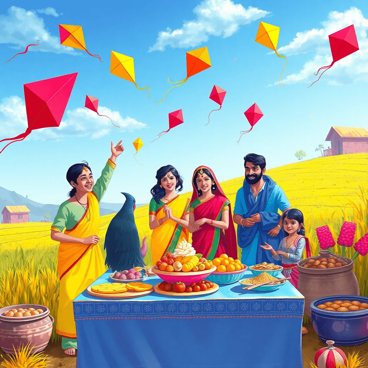 A colorful Makar Sankranti celebration with kites flying in a blue sky, families enjoying the festivities, and traditional sweets on a decorative table amidst l