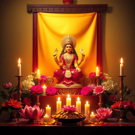 A traditional Hindu altar adorned with flowers, candles, and an idol of Goddess Lakshmi, surrounded by gold coins and lotus flowers in a softly lit, inviting at