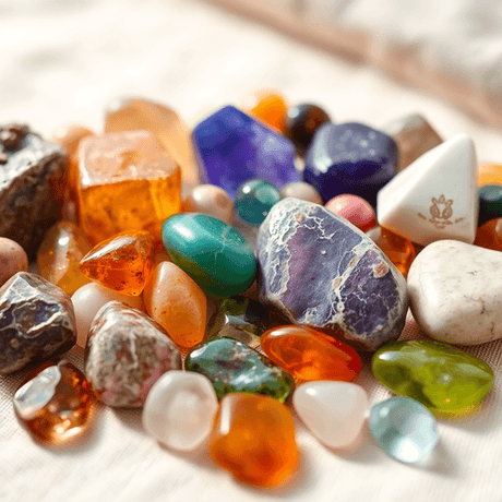Close-up of colorful healing stones and crystals arranged on soft fabric, showcasing their textures and vibrant colors with gentle natural lighting.