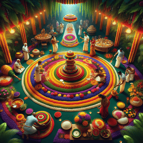 A vibrant photograph of a traditional Onam celebration featuring a beautifully arranged Pookalam, a flower carpet made of vivid blooms, in the foreground. In th