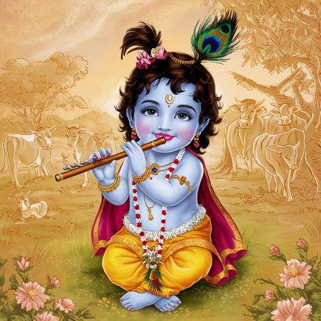 Dress your little Gopal in vibrant traditional attire with a peacock-feathered crown, flute in hand, and surround him with colorful flowers, butter pots, and twinkling fairy lights for a divine Janmashtami celebration.     Ask ChatGPT