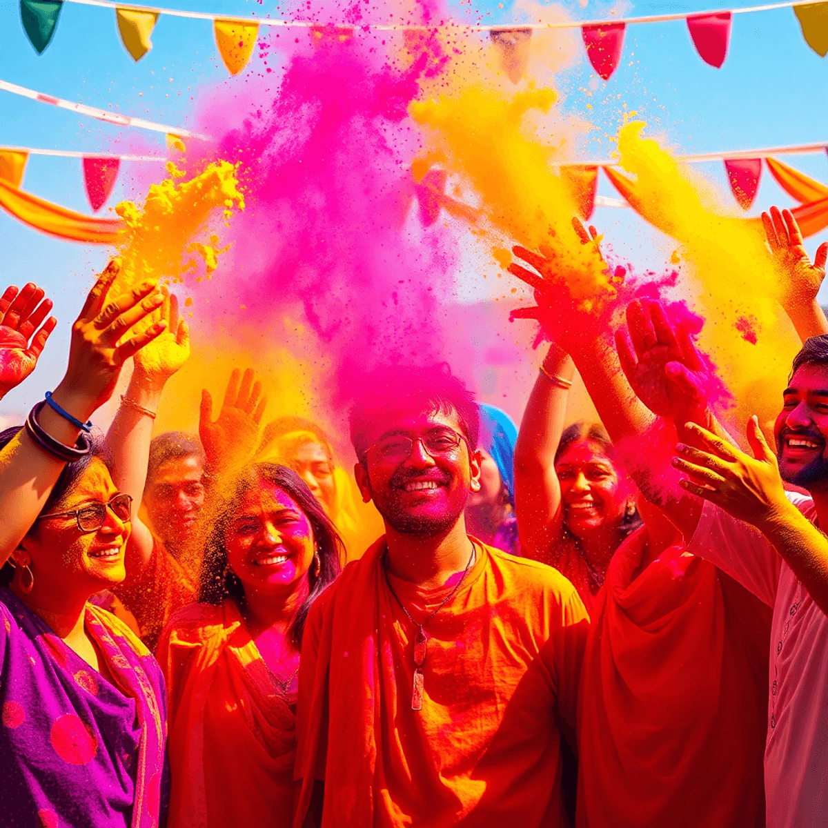 A vibrant scene of Holi celebration with bright gulal powders splashed in the air, surrounded by colorful bunting and festive decorations, conveying joy and unity.