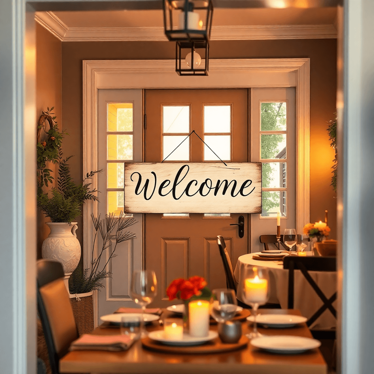 A cozy housewarming scene with a decorative welcome sign, warm lighting, and elegant tableware, creating an inviting atmosphere of warmth and togetherness.