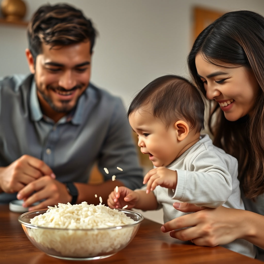 Family members smile and watch as the baby reaches for the rice.