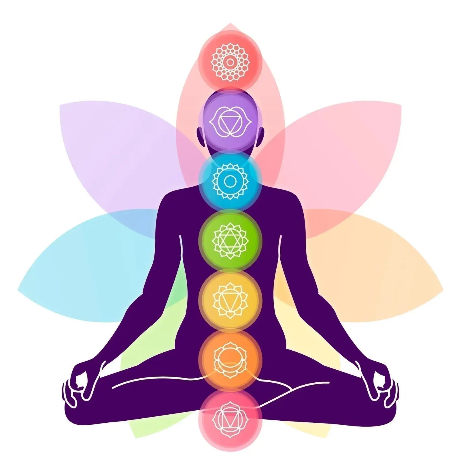 Silhouette of a person in lotus pose with colorful chakra symbols representing the solar plexus, third eye, and heart chakras surrounded by pastel flower petals