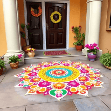 Vibrant Rangoli with bright colors and floral patterns decorating a home entrance for Navratri celebration.