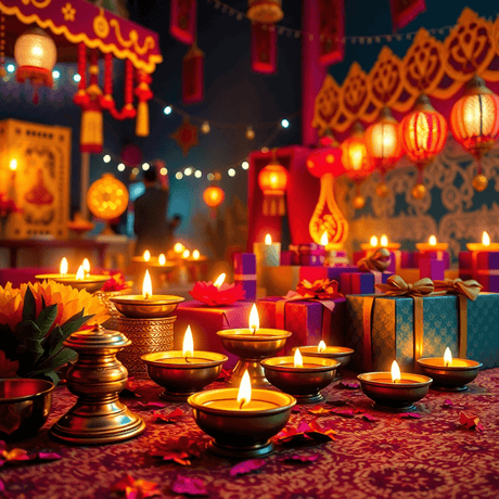 A vibrant Diwali celebration scene with glowing brass diya lamps, colorful decorations, flowers, and beautifully arranged gift boxes in a festive atmosphere.