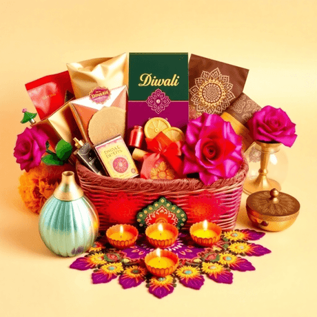 A colorful Diwali gift basket with traditional sweets, decorative diyas, vibrant rangoli patterns, and elegant home decor on a bright festive background.
