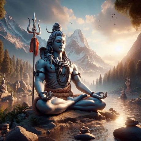 Statue of Lord Shiva meditating in lotus position with trident, symbolizing Shiva worship