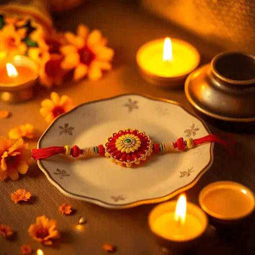 Colorful rakhi thread on a decorative plate with marigold flowers and glowing diya lamps, creating a warm, festive atmosphere.