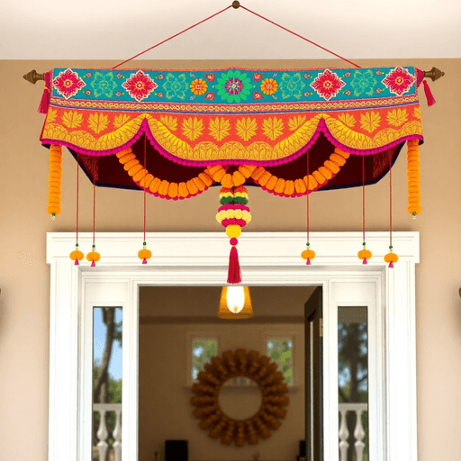 Colorful Indian Toran with marigold flowers and beads hanging above a modern American home doorway, blending traditional and contemporary styles.